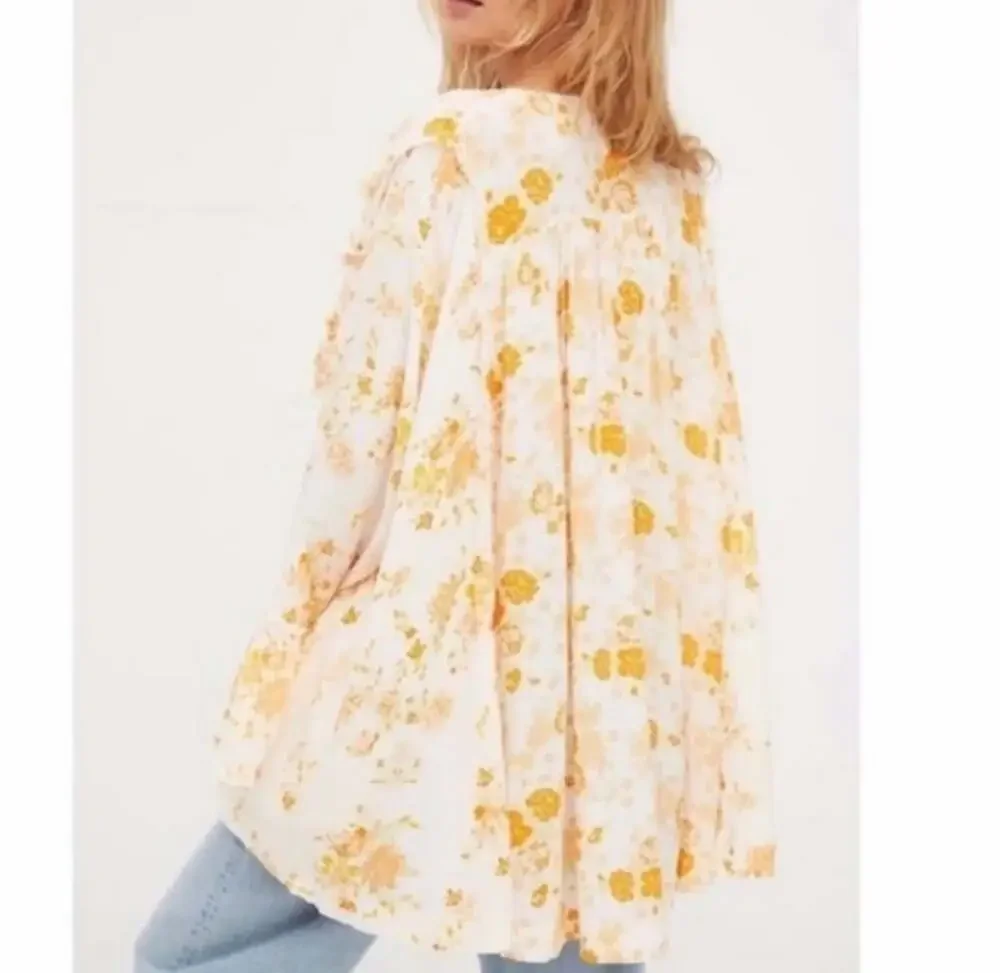 Free People Loretta Printed Oversized Ruffle Bell Sleeve Tunic Top in Tea Combo